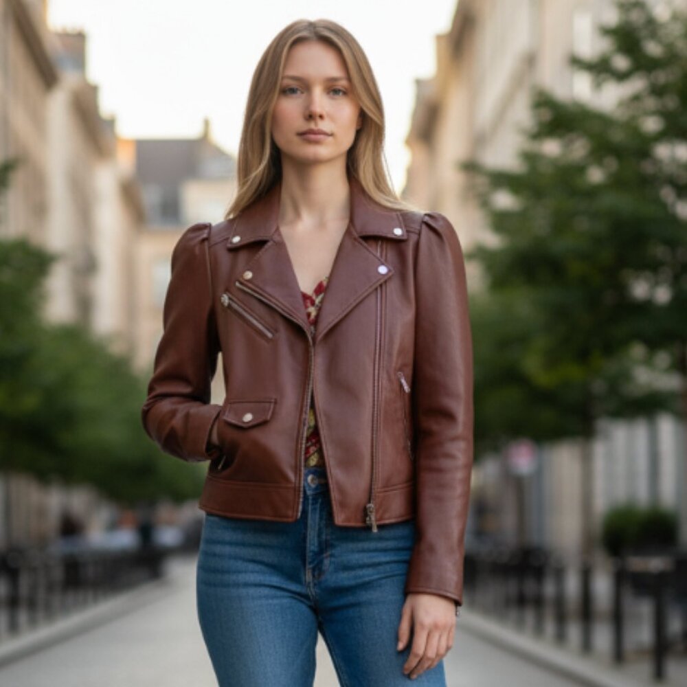 NWOT CHICO’s Faux Leather Cropped Moto Jacket In Chocolate Brown